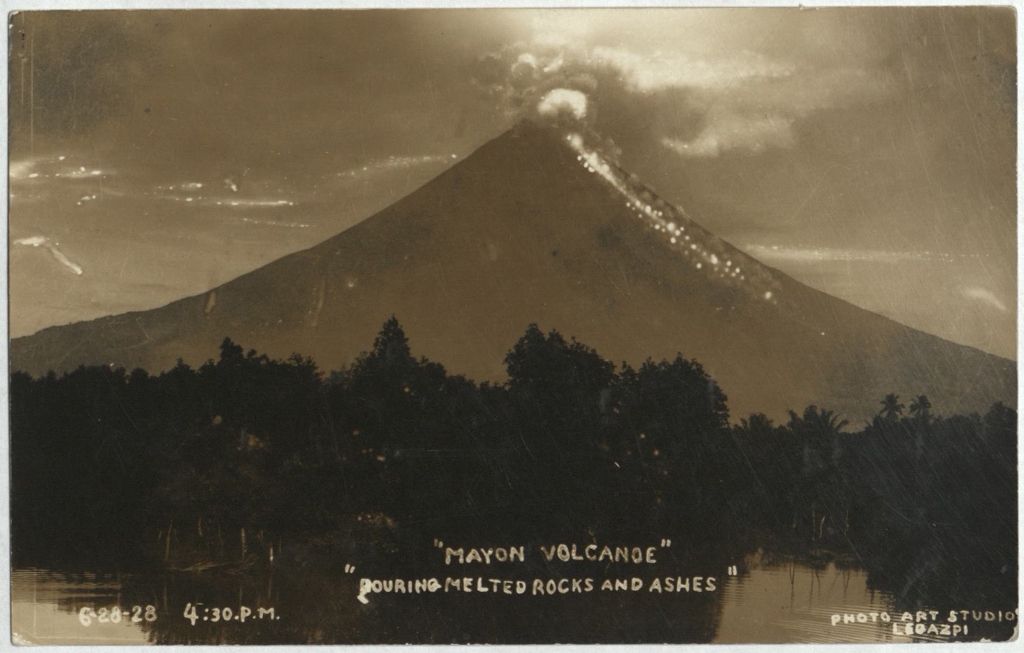 Mayon Volcanoe [Volcano]. Pouring Melted Rocks and Ashes. 6-28-28 4:30 p.m.