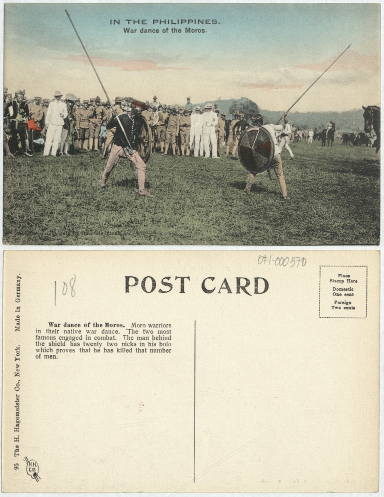 “IN THE PHILIPPINES”. War dance of the Moros.