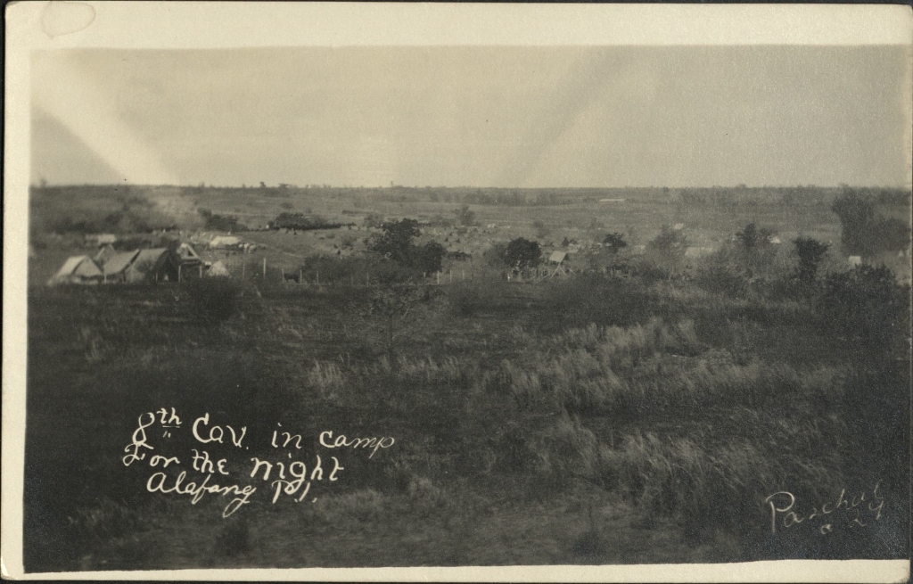 8th Cav. [Cavalry] in camp for the night, Alabang P. I.
