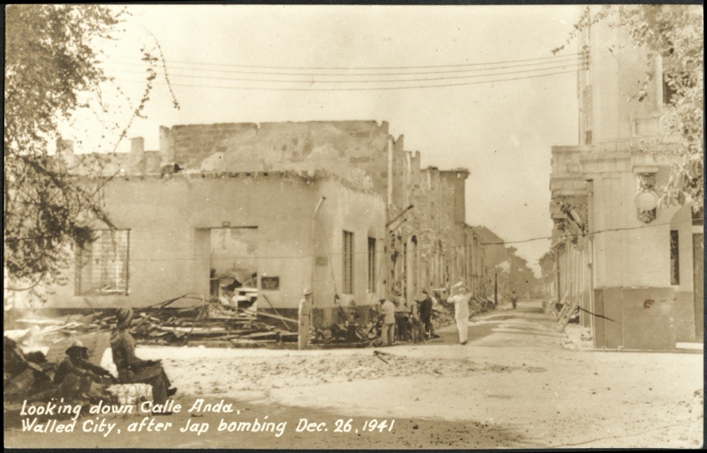 Looking down Calle Anda, Walled City, after Jap bombing Dec. 26, 1941.