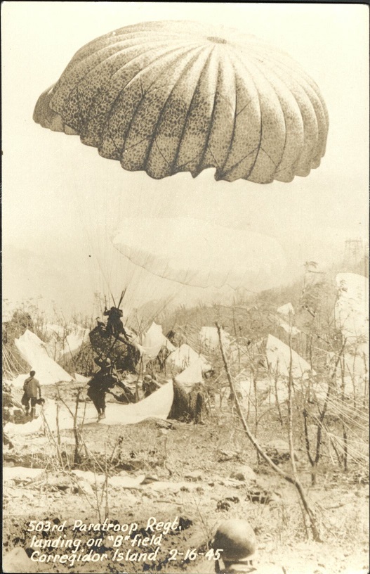 503rd Paratroop Regt. [Regiment] landing on “B” field, Corregidor Island 2-16-45.