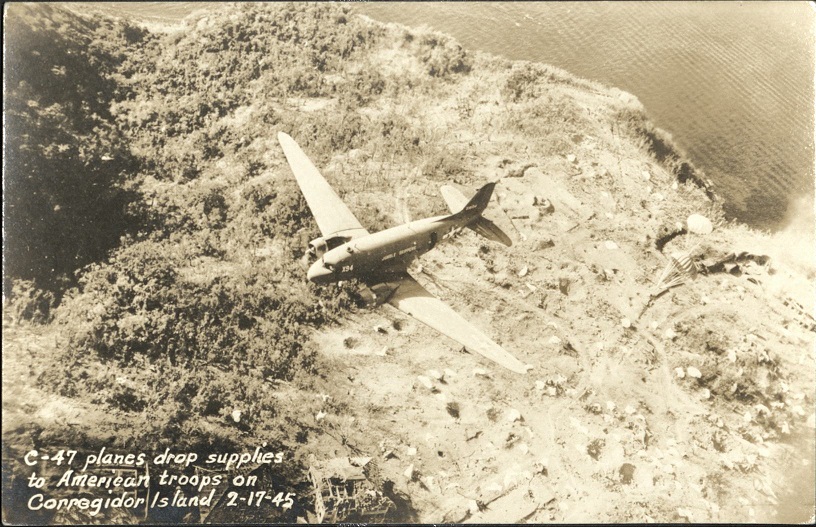 C-47 planes drop supplies to American troops on Corregidor Island 2-17-45.