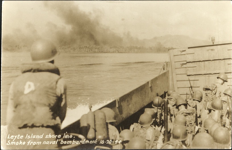 Leyte Island shore line. Smoke from naval bombardment 10-20-44.