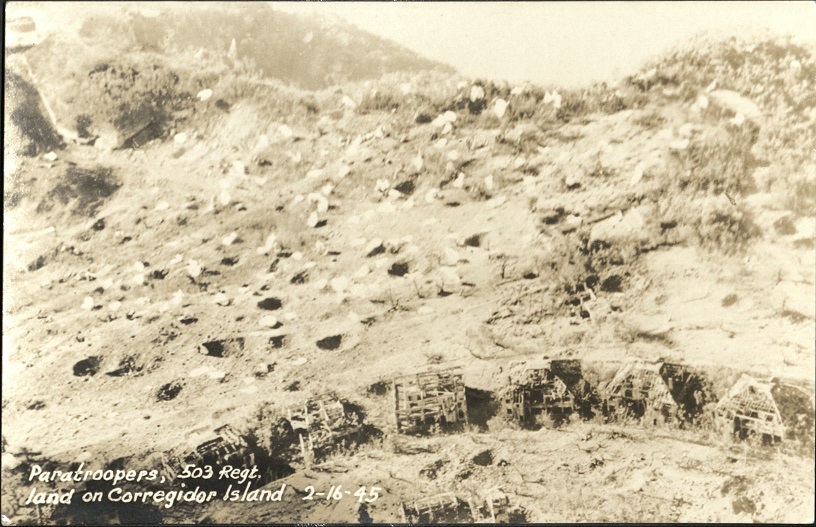 Paratroopers, 503 Regt. [Regiment] land on Corregidor Island 2-16-45.