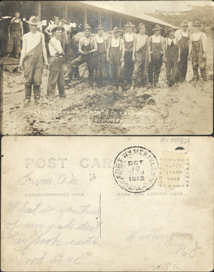 Fatig [Fatigue] party, Troop “B” 8th Cav. [Cavalry]. Ft. Wm. McKinley, P. I. July 1912.