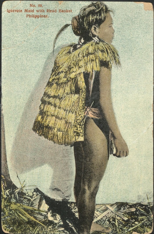 No. 92. Igorrote [Igorot] maid with head basket, Philippines.