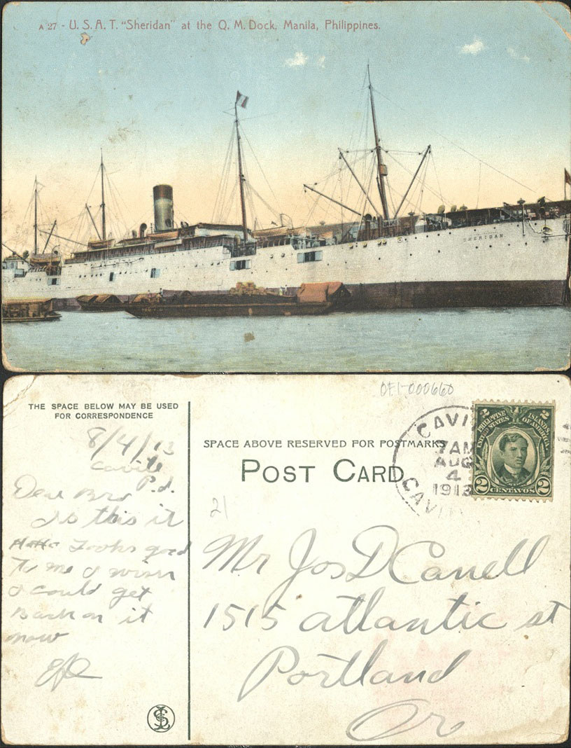A 27 – U.S.A.T. “Sheridan” at the Q. M. dock, Manila, Philippines.