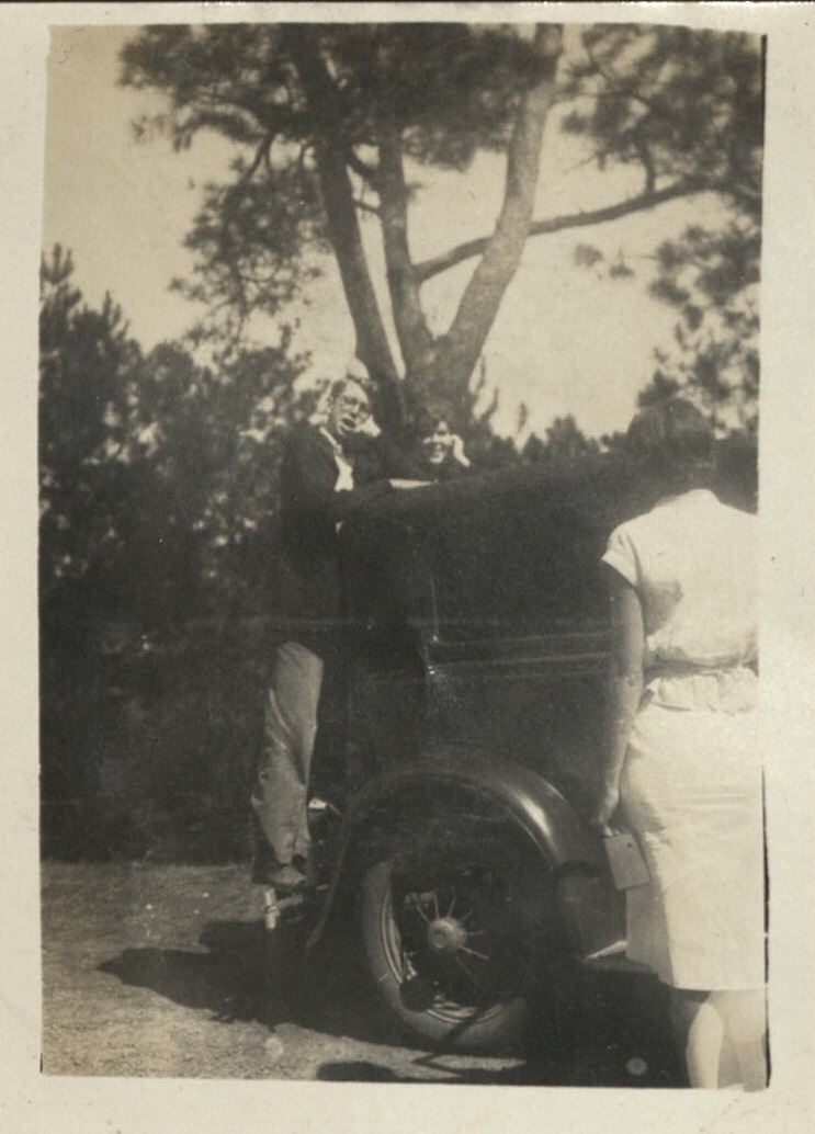 Sis [Nathelle Laing?] and myself [Harry Hawkins, Jr.] on Peaches’ [Madelene Beuttler’s] car at recess.