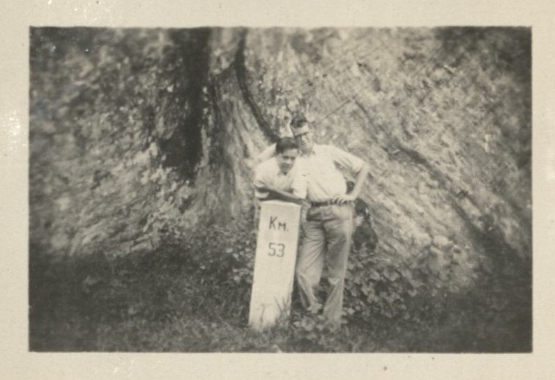 Jim [Stapler] and myself [Harry Hopkins, Jr.] before a huge mahogany tree,
