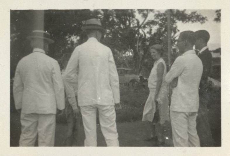 Gov. Betts, Bob [Hawkins], Dad [Harry Hawkins, Sr.], Mom [Hawkins], Carlos Cerquella & Jim [Stapler] at the Daraga station.