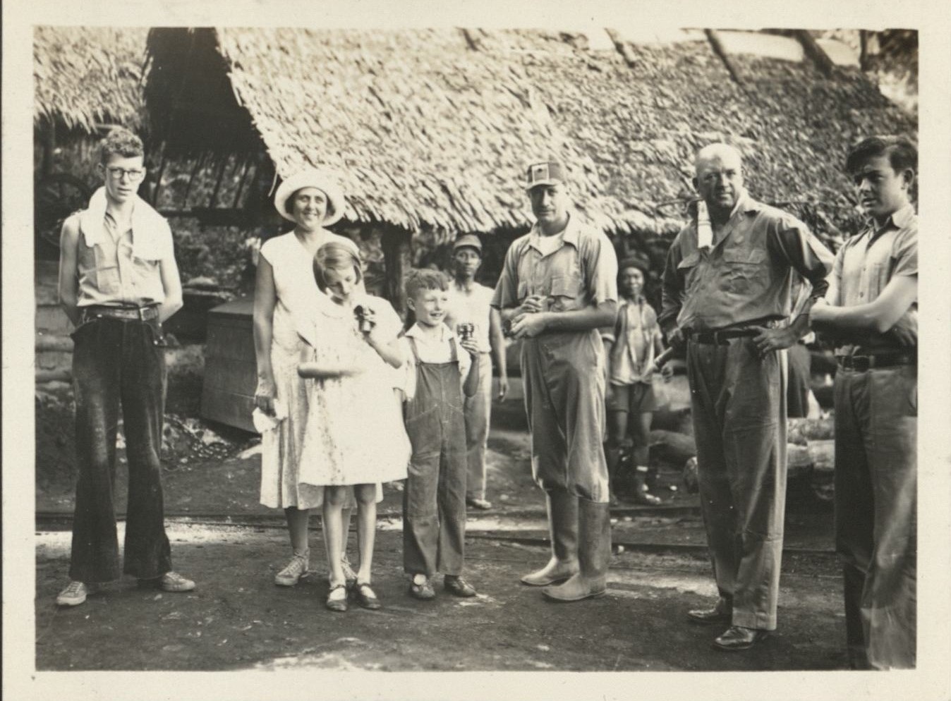 Myself [Harry Hawkins, Jr.], Mrs. Shaw, Loraine, Walter, Mr. Seleeby [?], Capt. Shaw and Jim [Stapler] at the entrance to the coal mine.