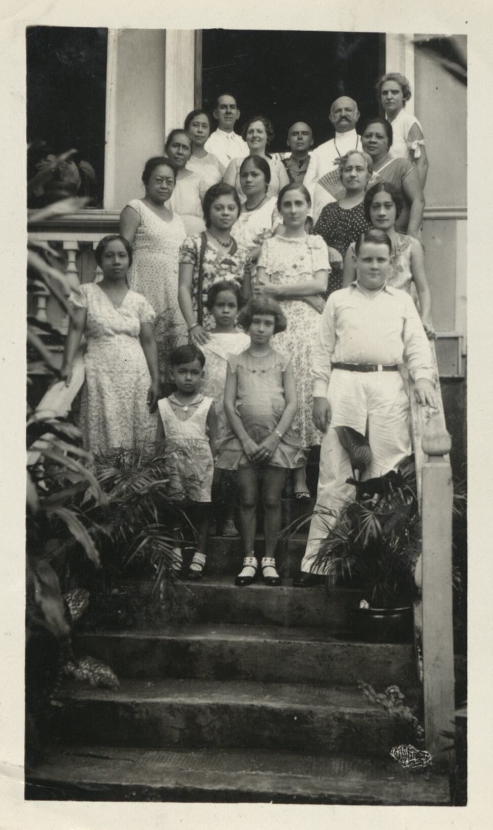 Dad [Harry Hawkins, Sr.], mother, and Bob  [Hawkins] at Mrs. Rocos in Legaspi.