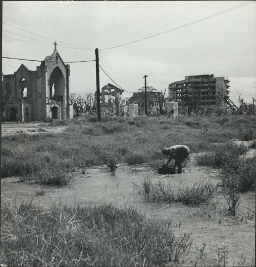 {Untitled – Ermita destruction after Liberation of Manila, 1945 – ruins of Central United Methodist Church on left].