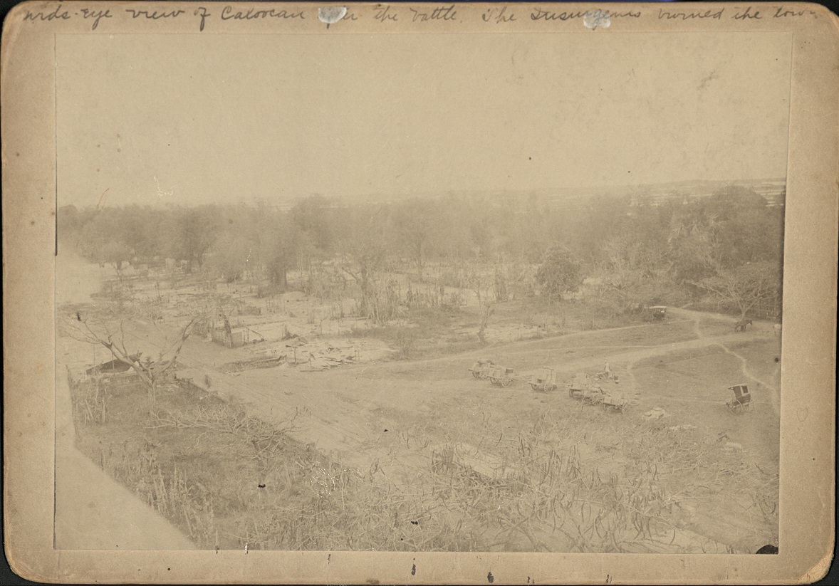 Birds-eye view of Caloocan after the battle. The Insurgents burned the town.