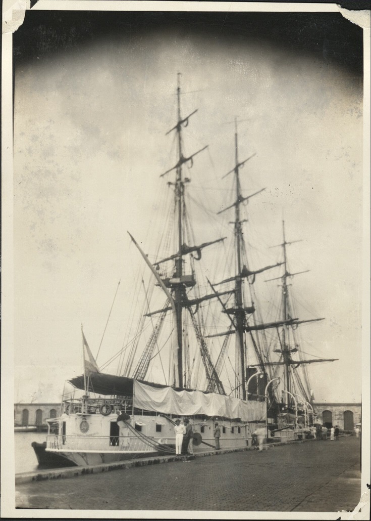[Untitled – Ferry boat and sailing ship docked in Pasig River.
