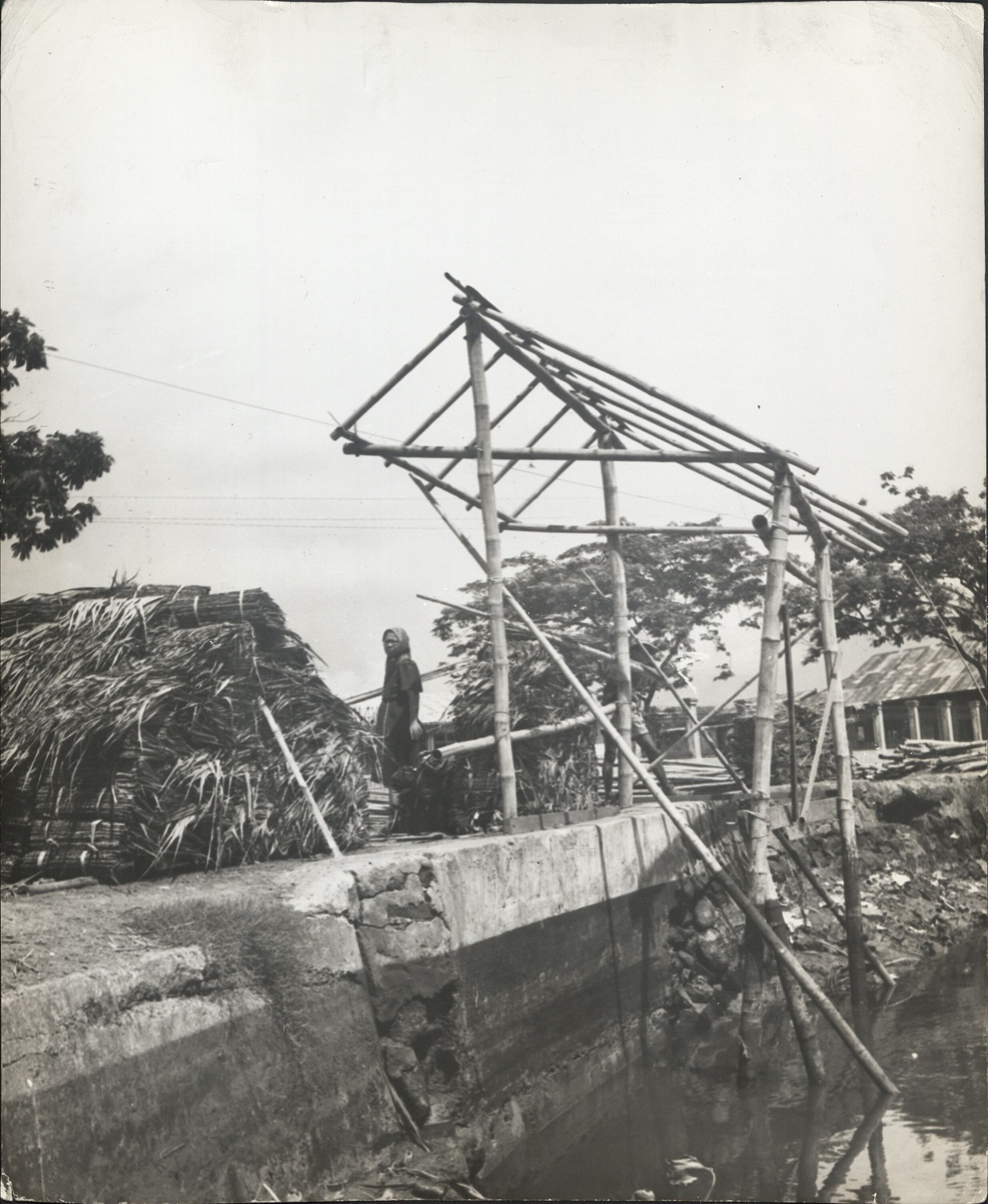 P 53b. A bamboo rack built on the edge of one of the canals in Manila helps the boatmen to unload their thatching, wood, and grain by sliding it up the bamboo poles from the rafts.