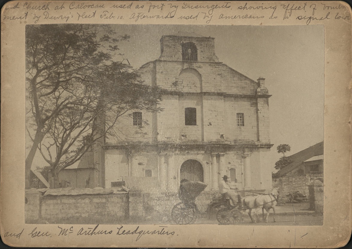 Old church at Caloocan used as fort by Insurgents, showing effect of bombardment by Dewey’s fleet Feb. 10 [1899]. Afterwards used by Americans as a signal tower and Gen. [Arthur] MacArthurs’s headquarters.