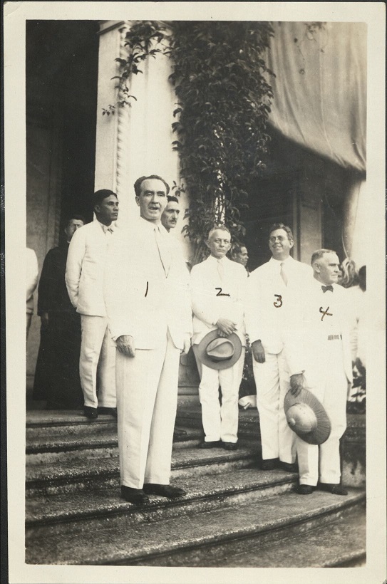 Addressing Boy Scouts at Malacanan Palace, Manila. 1. Gov. Gen. Murphy. 2. Arthur Fisher, Director of Forestry. 3. Ted Hall, Telephone Co. 4. Col. Van Schaick, aid [aide].