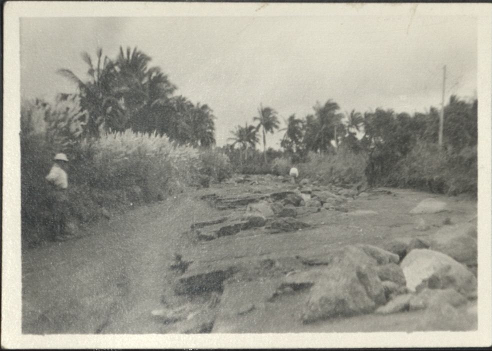 [Untitled – Man inspects railroad tracks covered with dirt and rocks after a flood or landslide].