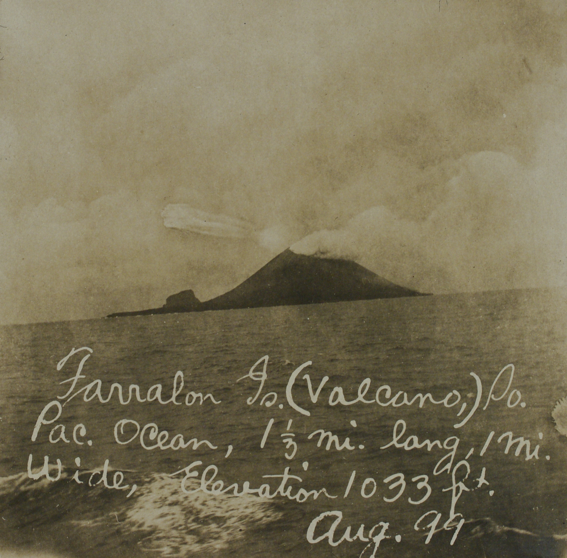 Farralon [Farallon] Is. (Volcano) So. Pac. [sic] Ocean, 1.1/3 mi. long, 1 mi. wide, elevation 1033 ft. Aug. ’99.