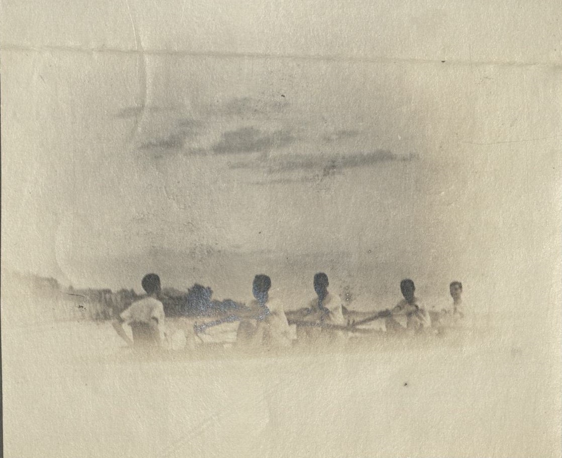 [Untitled – Men rowing in a four-man scull plus coxswain].
