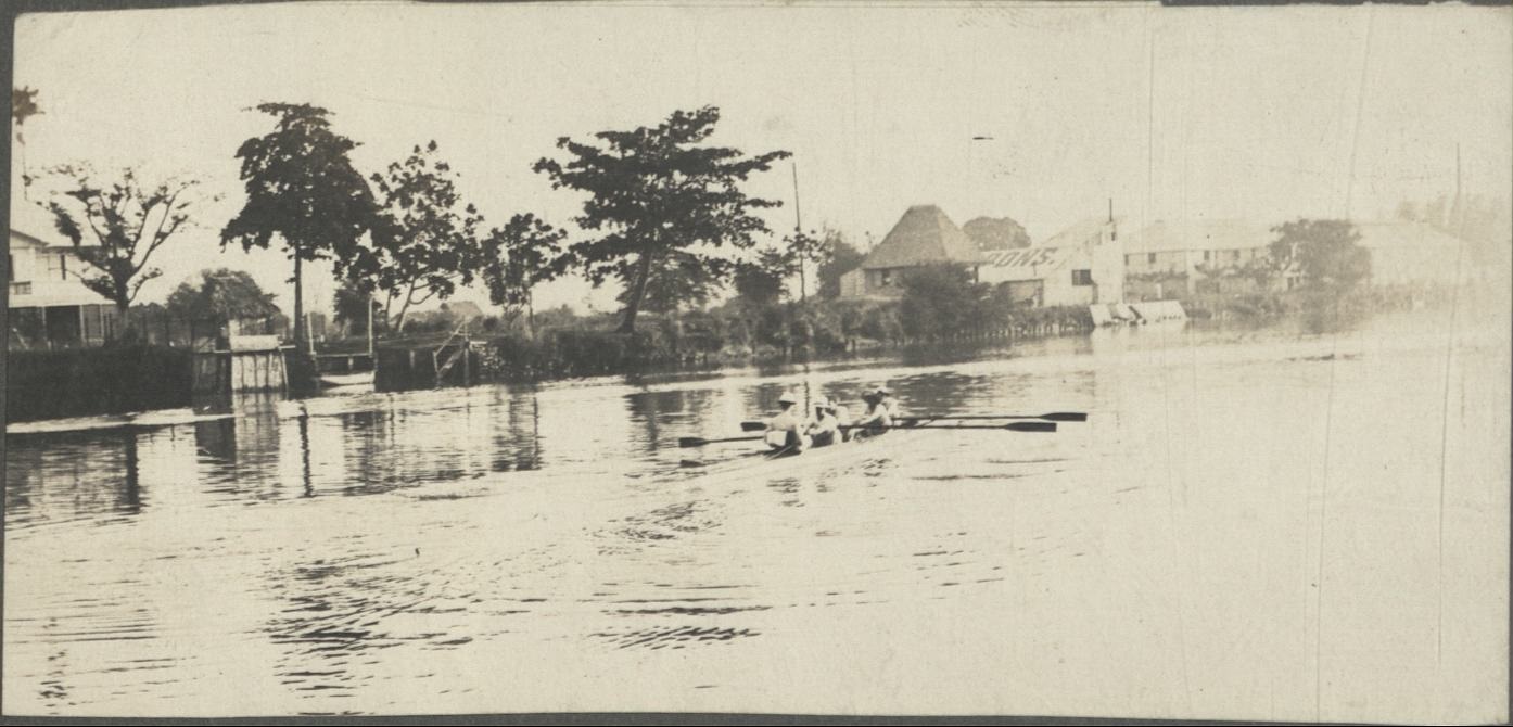 [Untitled – Men rowing in a four-man scull plus coxswain].