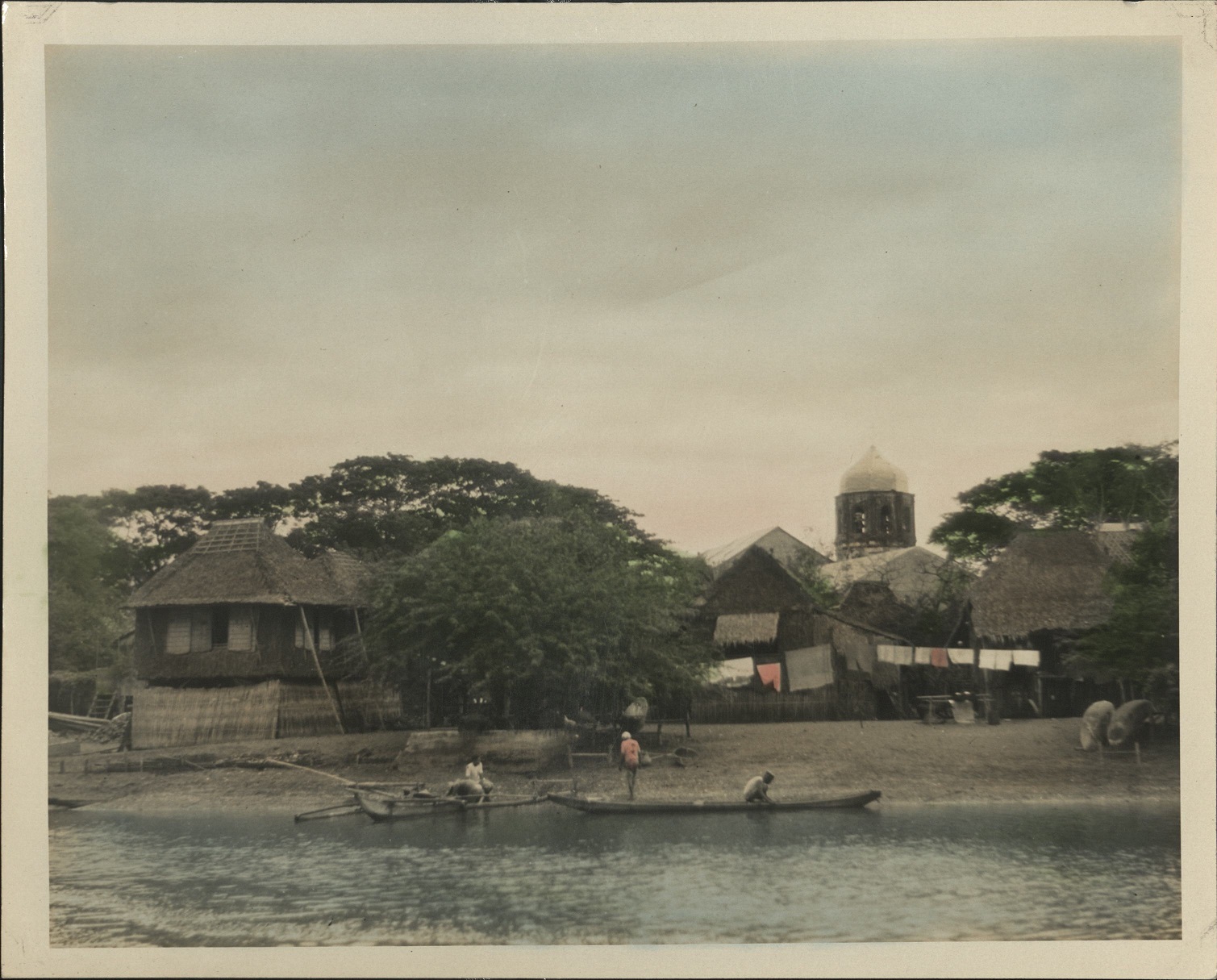 [Untitled – Riverside village scene with church bell tower visible].