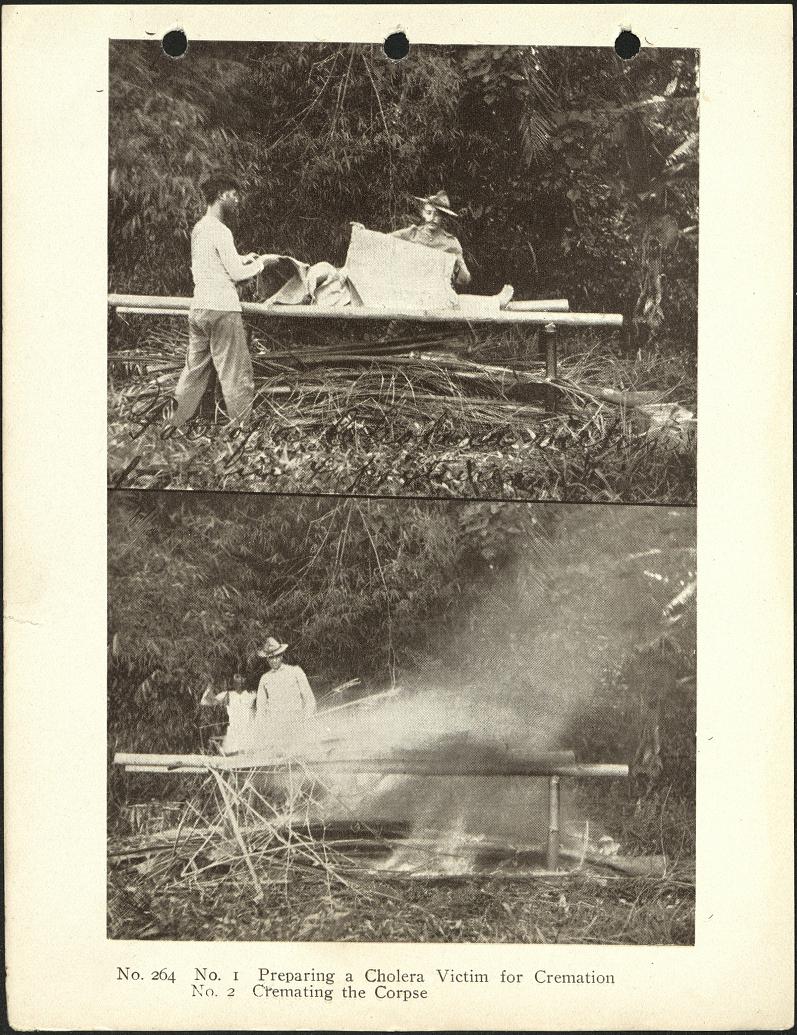 No. 264. No. 1. Preparing a cholera victim for cremation. No. 2. Cremating the corpse.