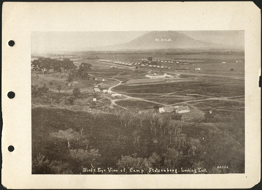Bird’s-eye view of Camp Stotsenberg [Stotsenburg]. Looking east.
