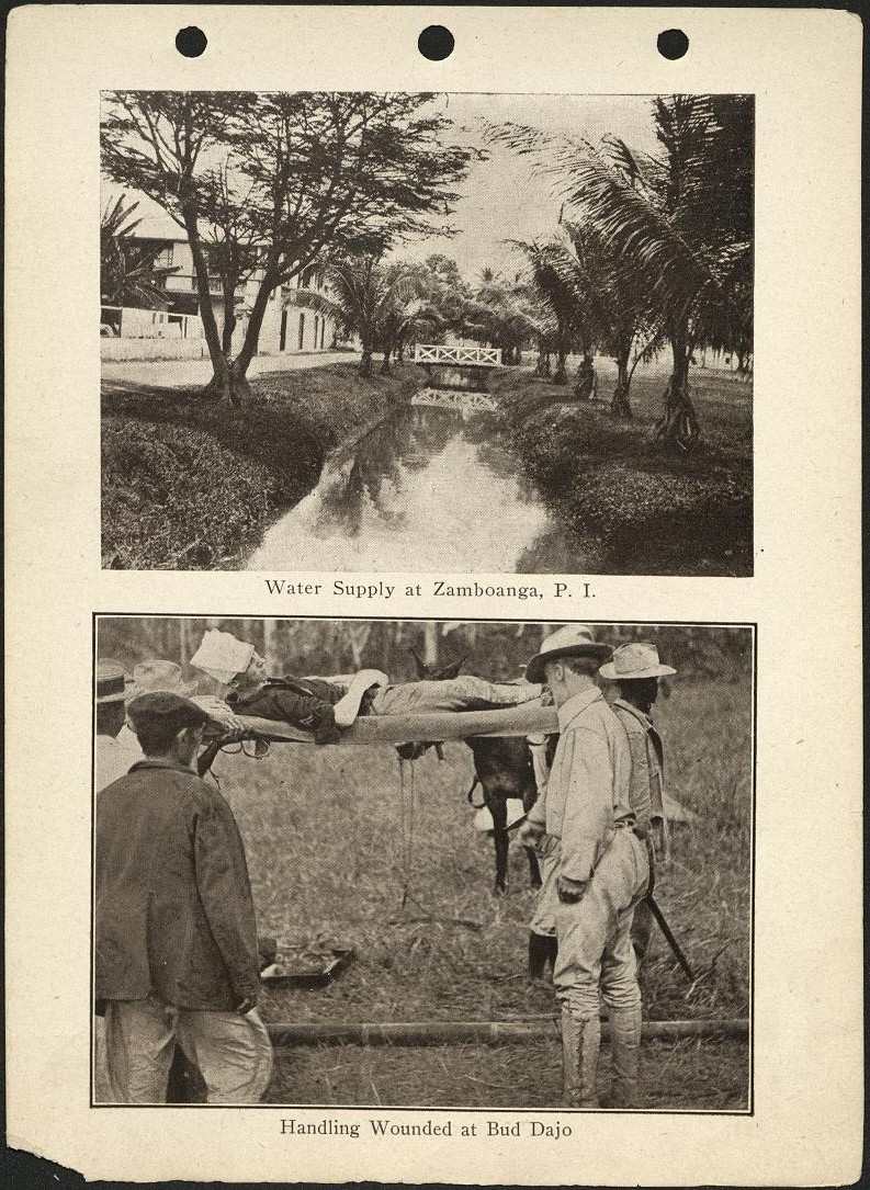 (Top) Water supply at Zamboanga, P. I. (Bottom) Handling wounded at Bud Dajo.