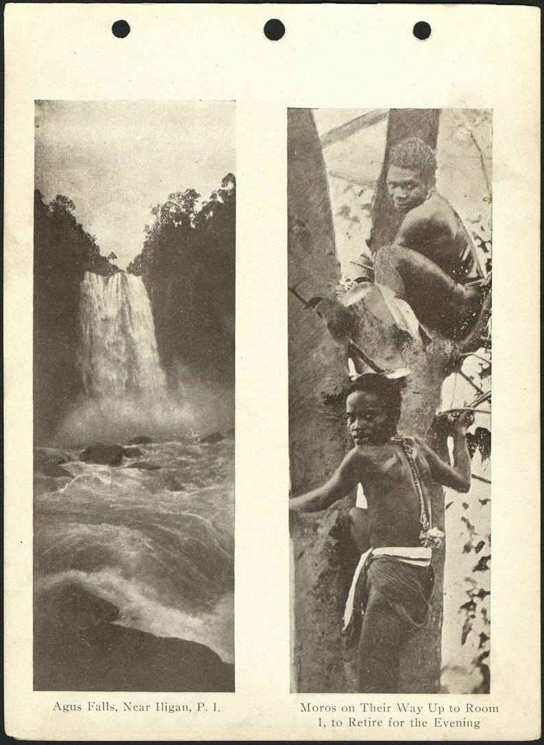 (Left) Moros on their way up to Room 1, to retire for the evening. / (Right) Agus Falls, near Iligan, P. I.