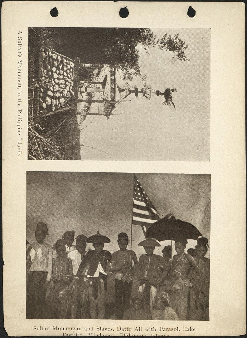 (Left) A sultan’s monument, in the Philippine Islands. (Right) Sultan Momungan and slaves, Datto Ali with parasol, Lake District, Mindanao, P. I.