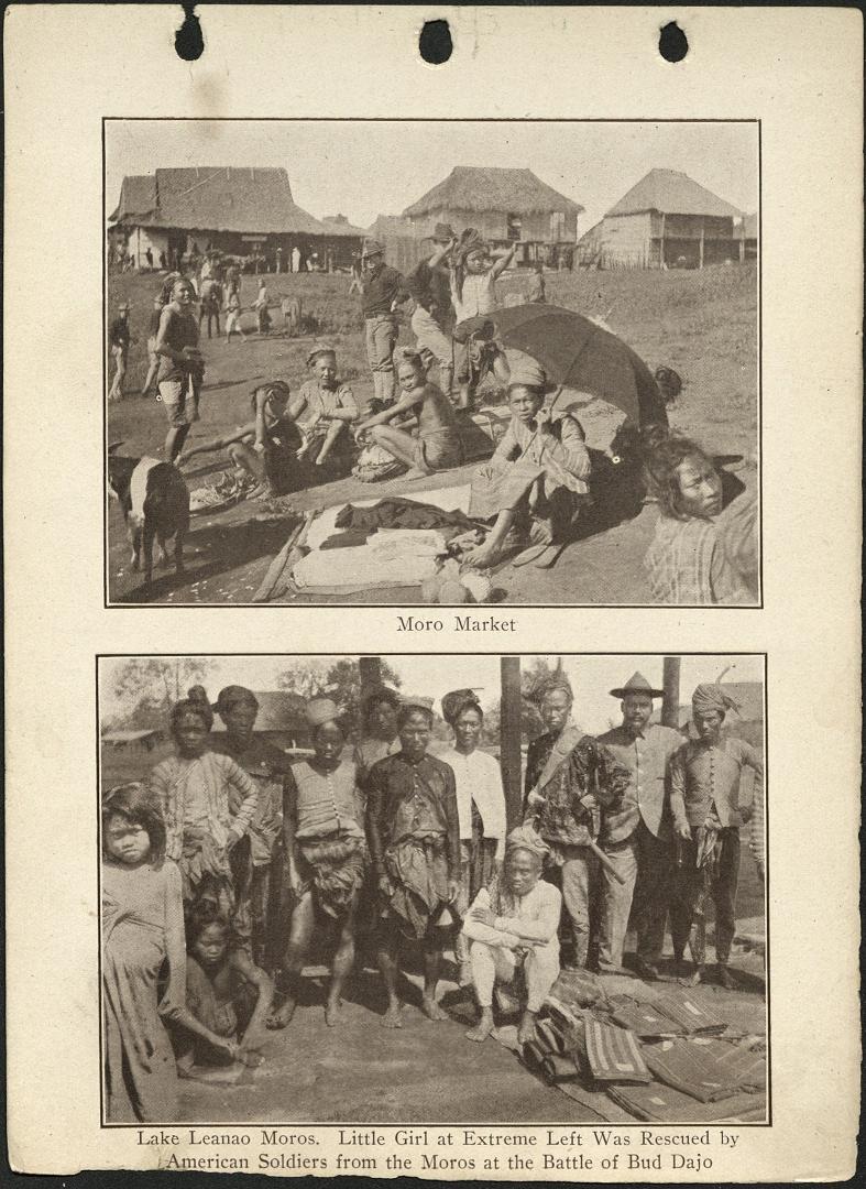 (Top) Moro market / (Bottom) Lake Leanao [Lanao] Moros. Little girl at extreme left was rescued by American soldiers from the Moros at the Battle of Bud Dajo.