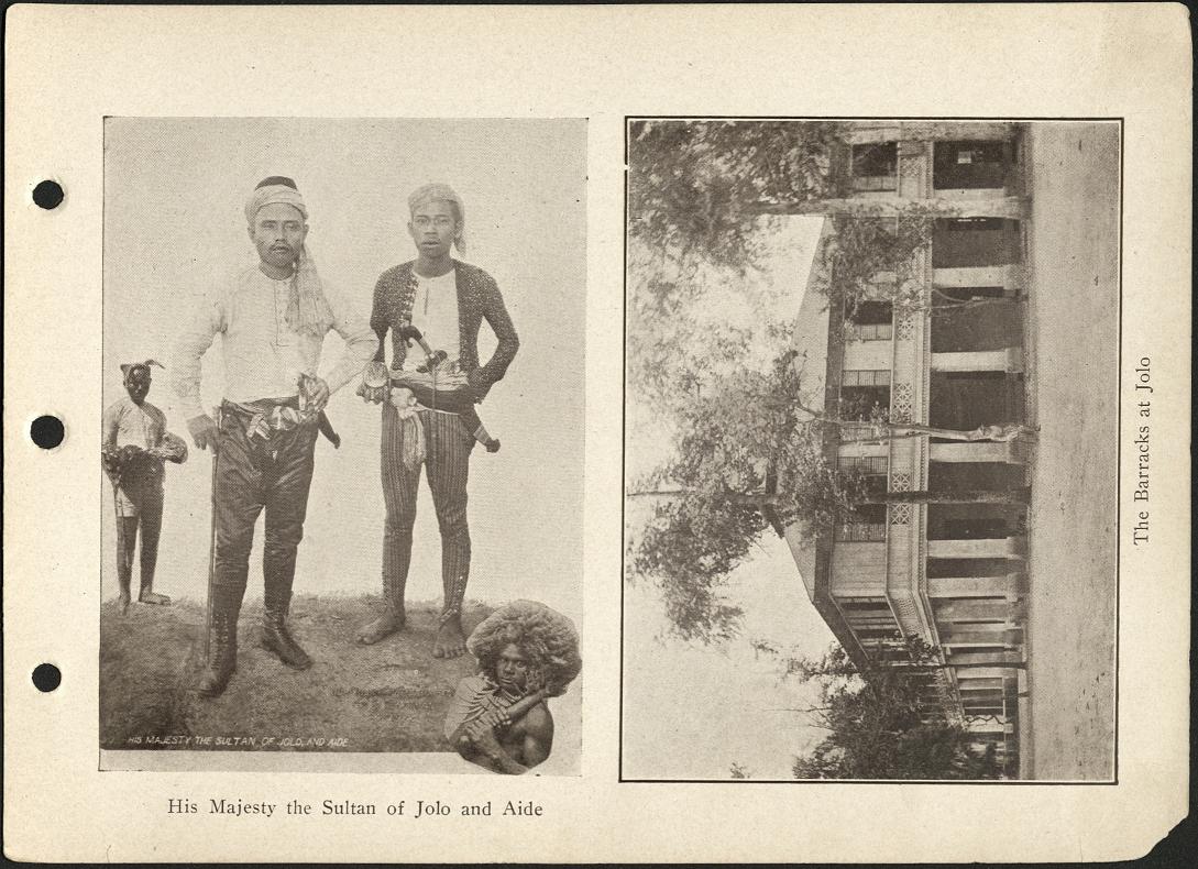 (Left) His Majesty the Sultan of Jolo and aide. / (Right) The barracks at Jolo.