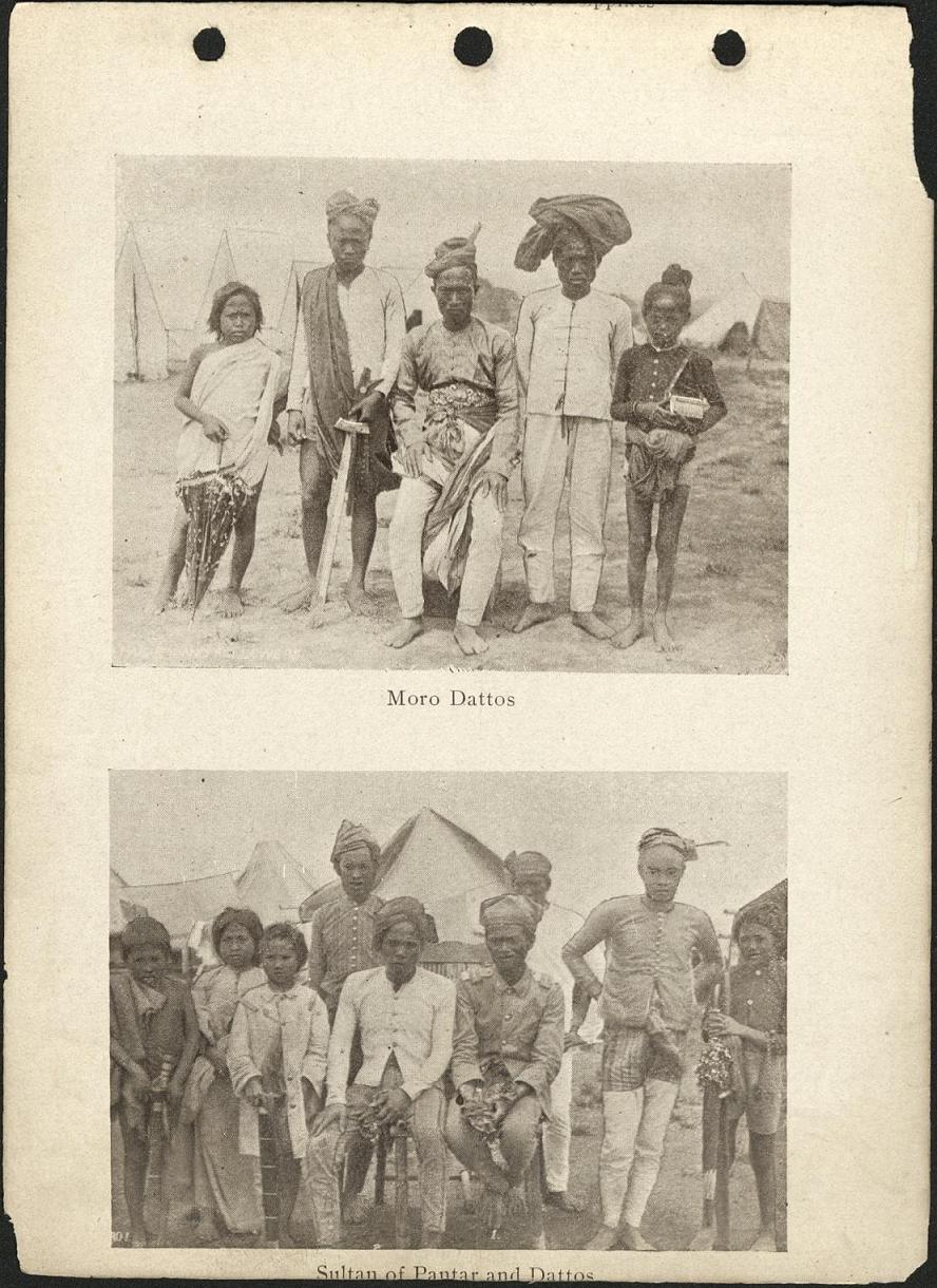 (Top) Moro dattos. (Bottom) Sultan of Pantar and dattos. Camp Vicars, Lake Lanao.