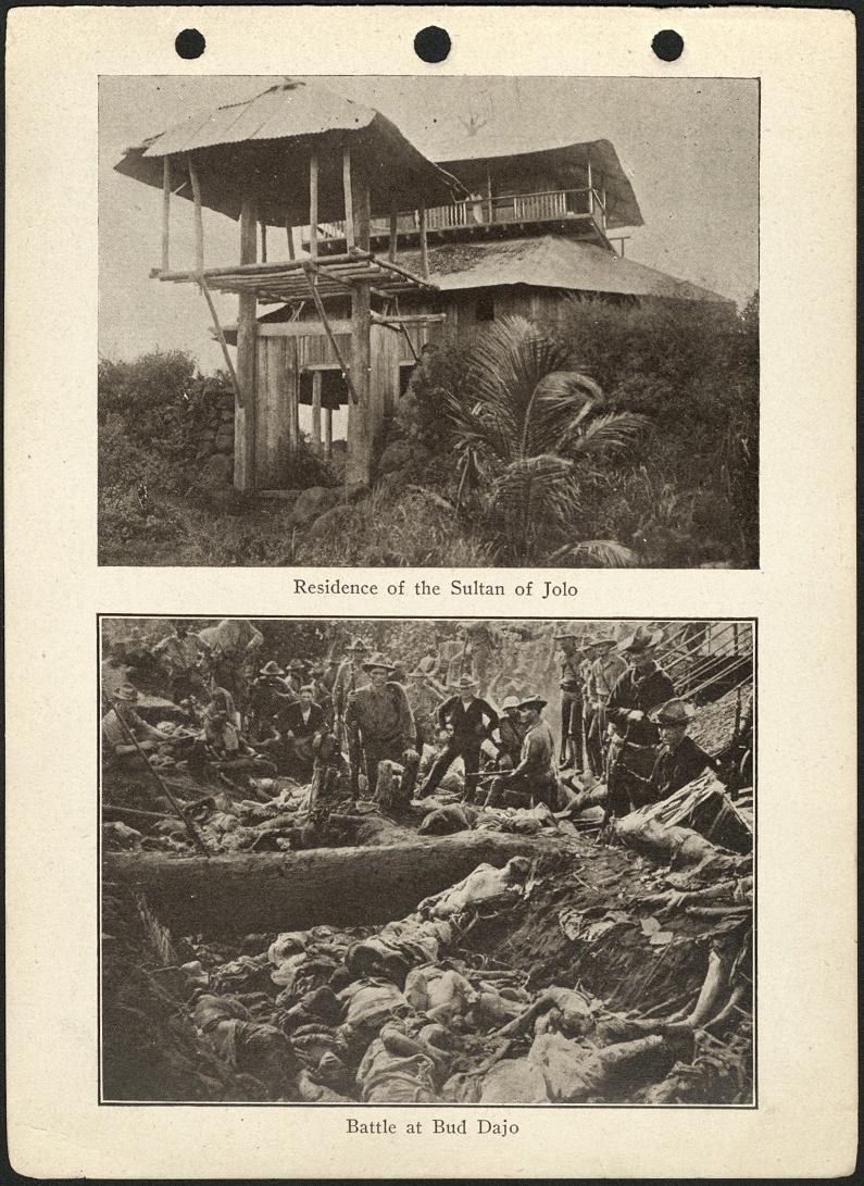 (Top) Residence of the Sultan of Jolo. / (Bottom) Battle at Bud Dajo.