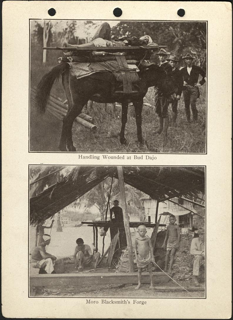 (Top) Handling wounded at Bud Dajo. / (Bottom) Moro blacksmith’s forge.