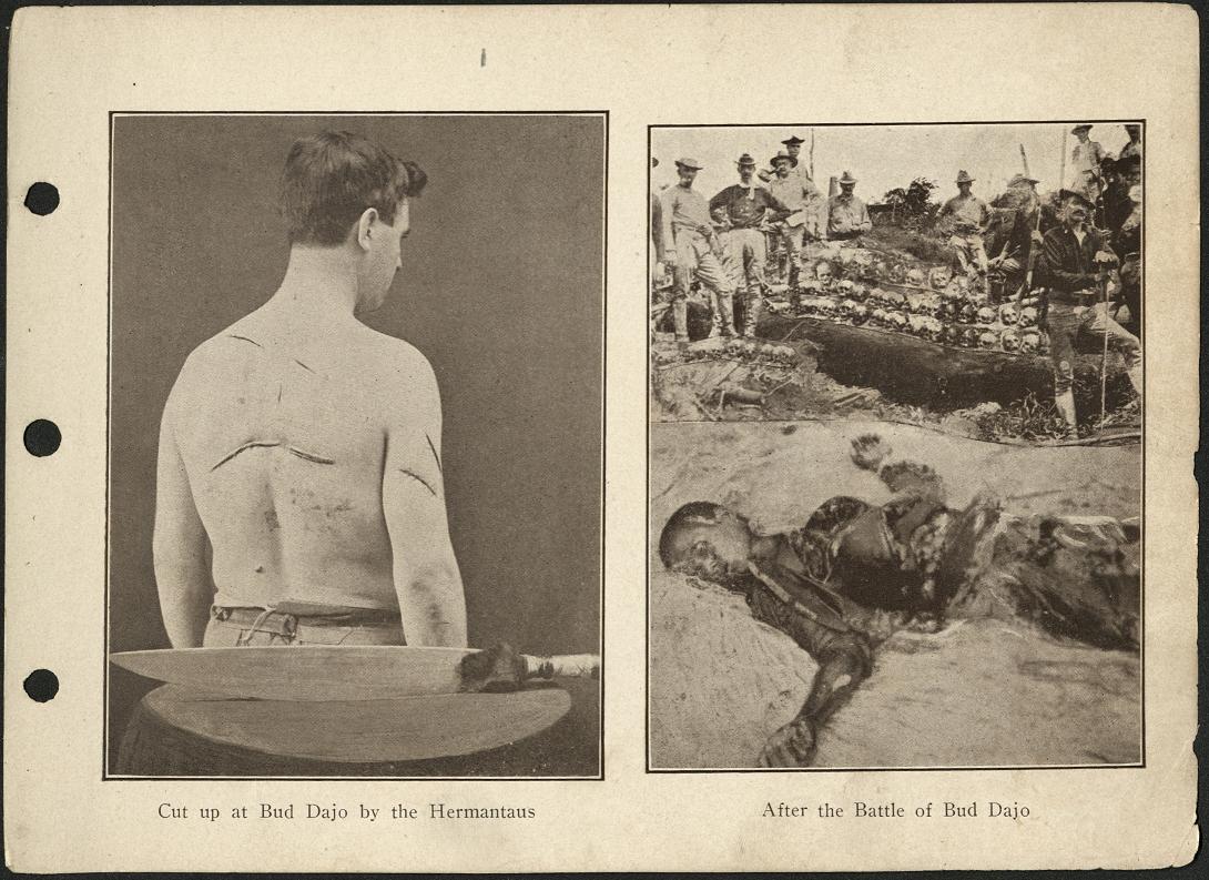 (Left) Cut up at Bud Dajo by the Hermantaus. / (Right) After the Battle of Bud Dajo.