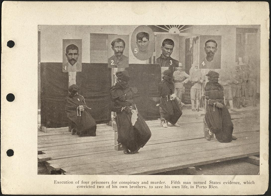 Execution of four prisoners for conspiracy and murder. Fifth man turned States evidence, which convicted two of his own brothers, to save his own life in Porto [Puerto] Rico.