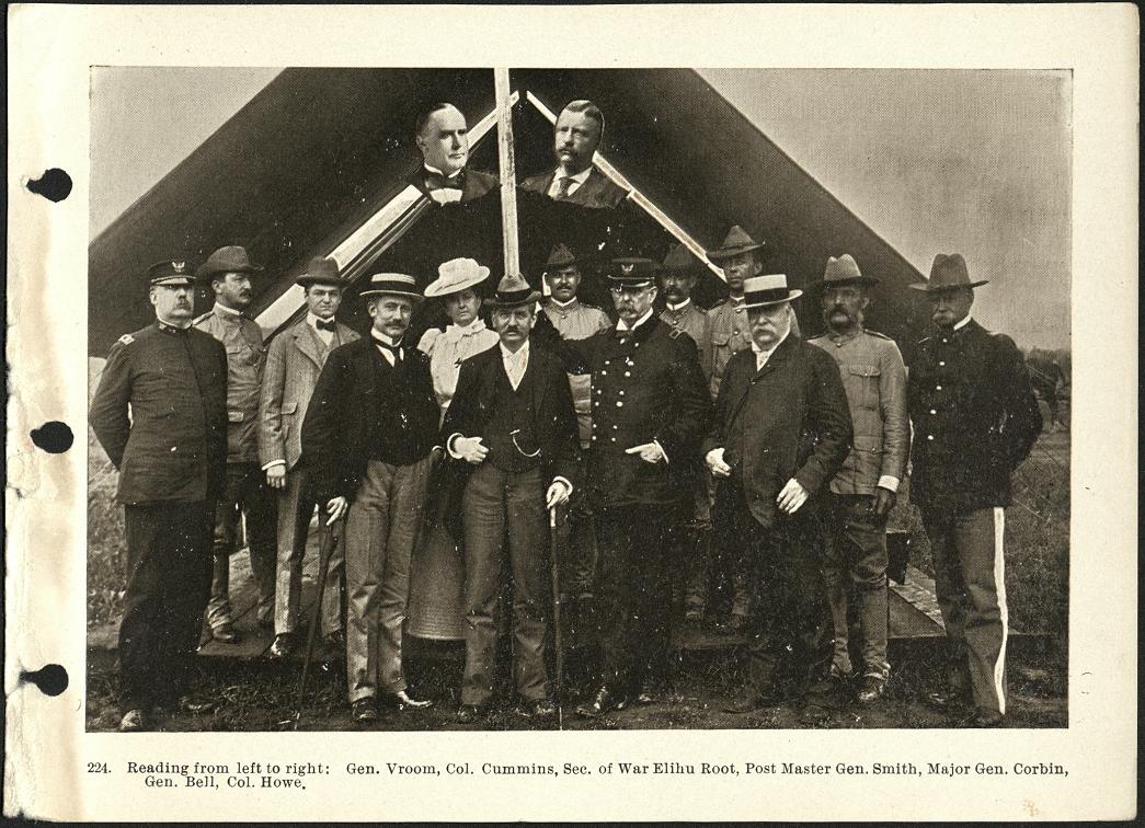 224. Reading from left to right: Gen. Vroom, Col. Cummins, Sec. of War Elihu Root, Post Master Gen. Smith, Major Gen. Corbin, Gen. Bell, Col. Howe.