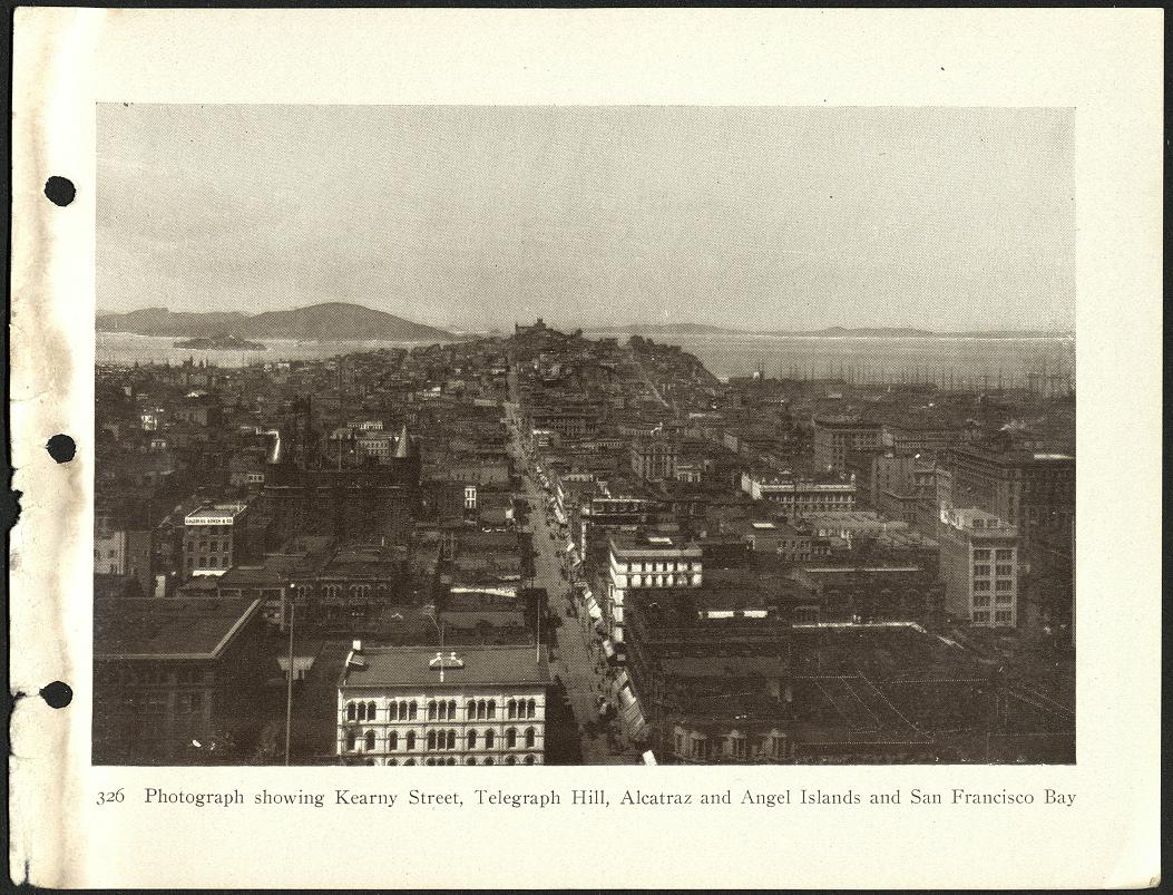 326. Photograph showing Kearny Street, Telegraph Hill, Alcatraz and Angel Islands and San Francisco Bay.