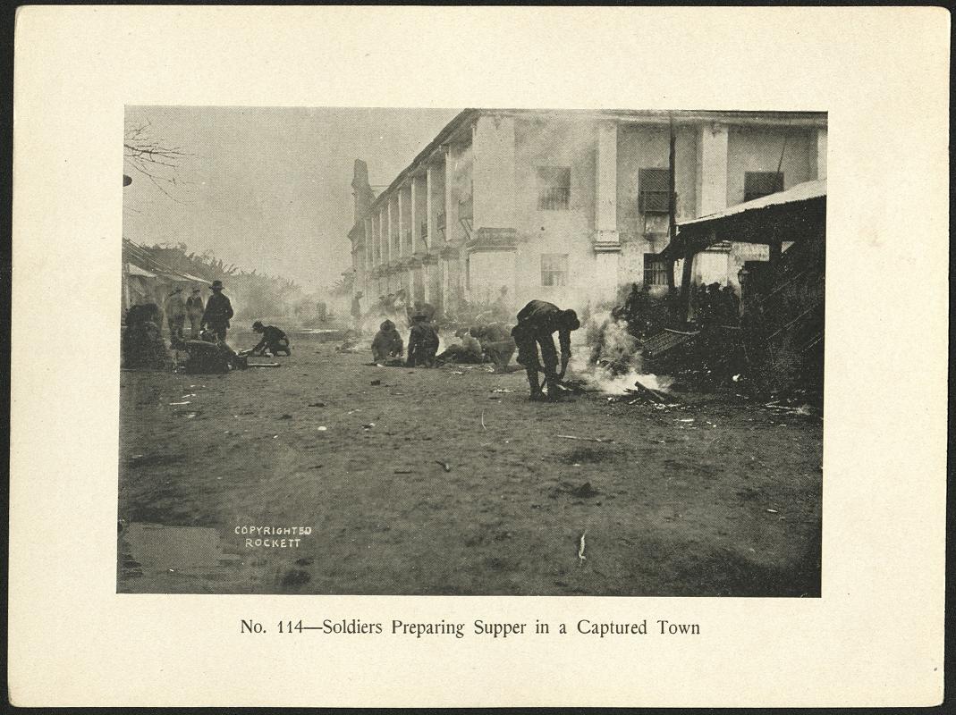 No. 114 – Soldiers preparing supper in a captured town.