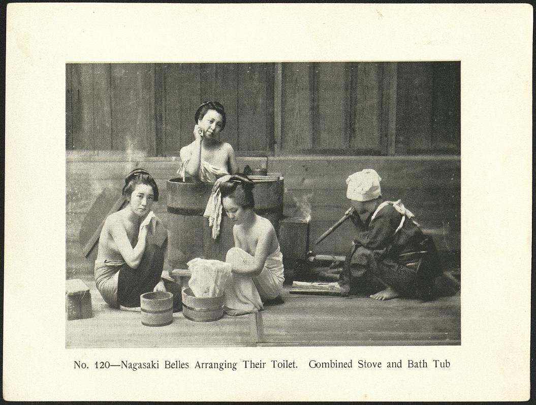 No. 120. Nagasaki belles arranging their toilet. Combined stove and bath tub