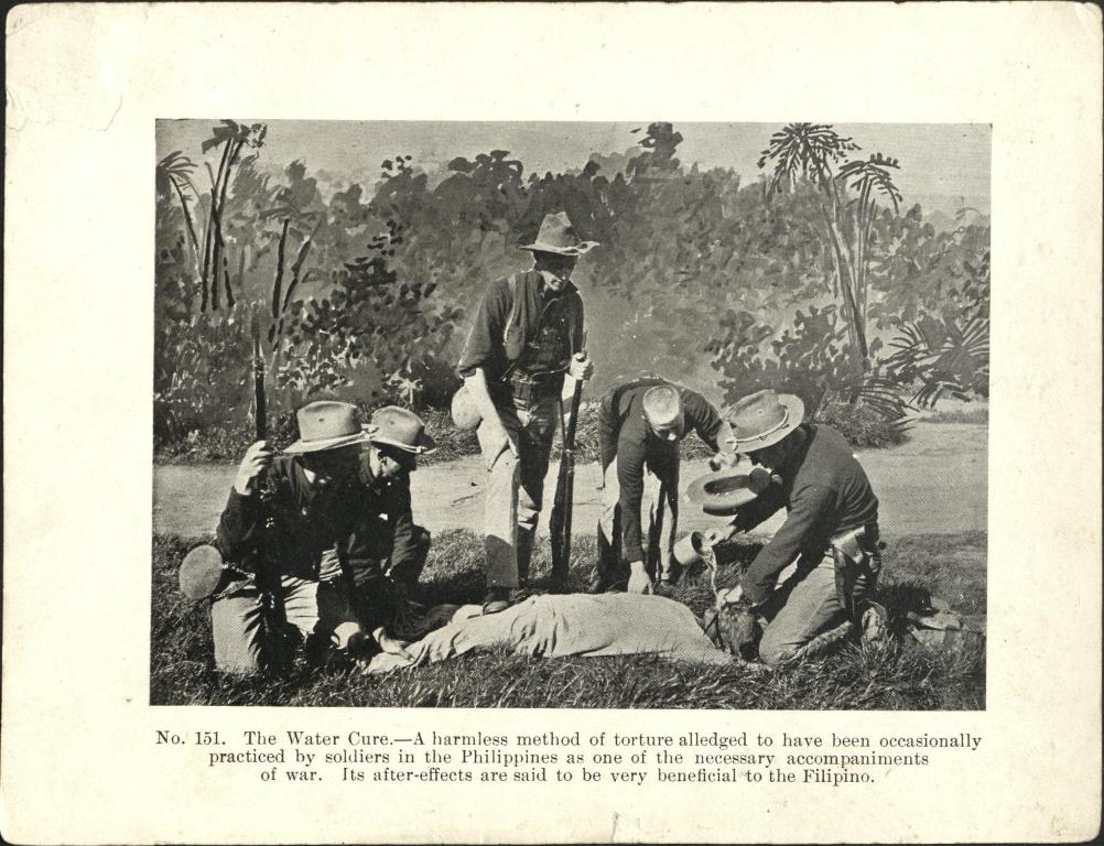 No. 151. The water cure. – A harmless method of torture alleged to have been occasionally practiced by soldiers in the Philippines as one of the necessary accompaniments of war. The after-effects are said to be very beneficial to the Filipino.