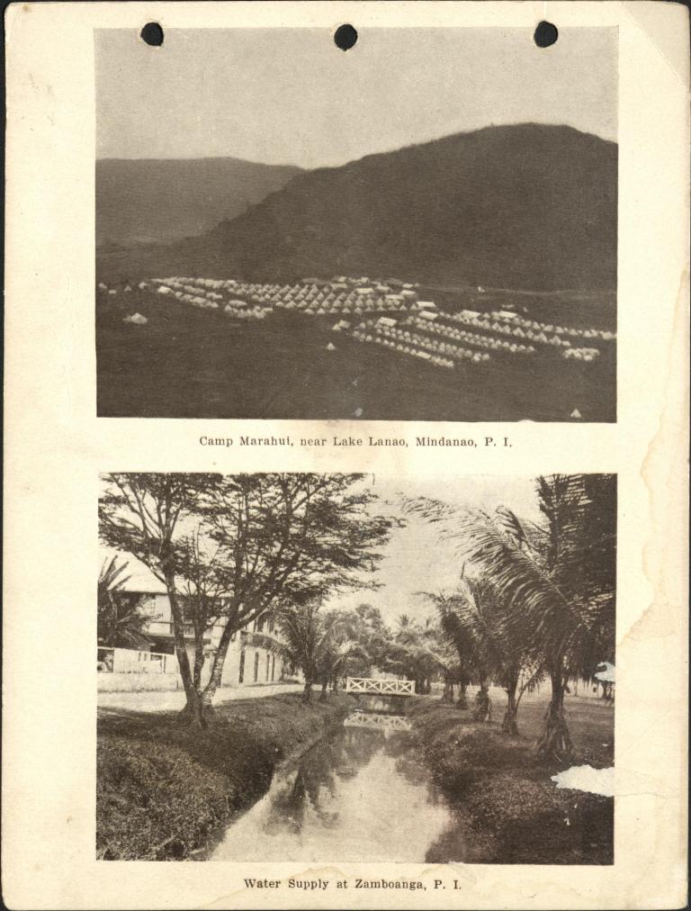 (Top) Camp Marahui [Camp Keithley] near Lake Lanao, Mindanao, P. I. / (Bottom)  Water supply at Zamboanga, P. I.