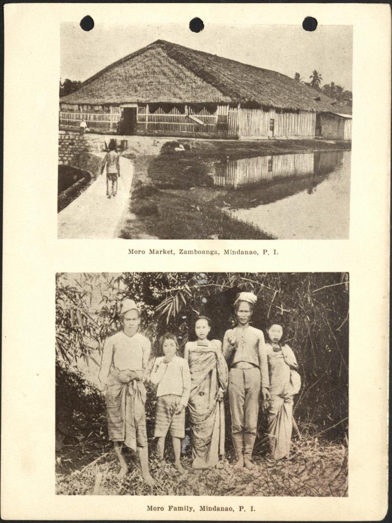 (Top) Moro market, Zamboanga, Mindanao, P. I. / (Bottom) Moro family, Mindanao, P. I.
