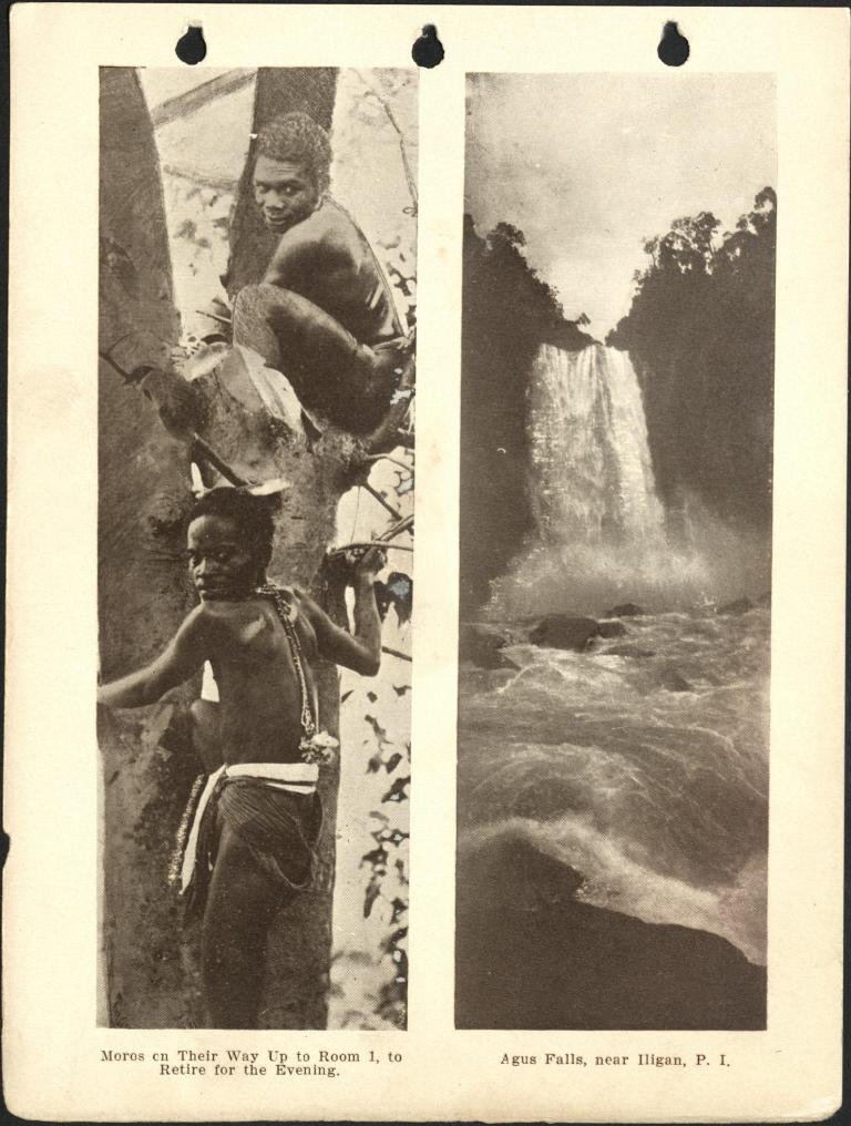 (Left) Moros on their way up to Room 1, to retire for the evening. / (Right) Agus Falls, near Iligan, P. I.