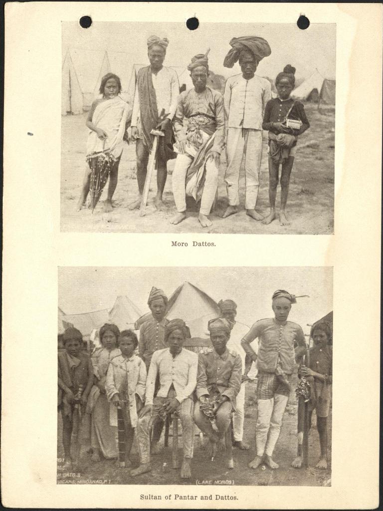 (Top) Moro dattos. (Bottom) Sultan of Pantar and dattos. Camp Vicars, Lake Lanao.