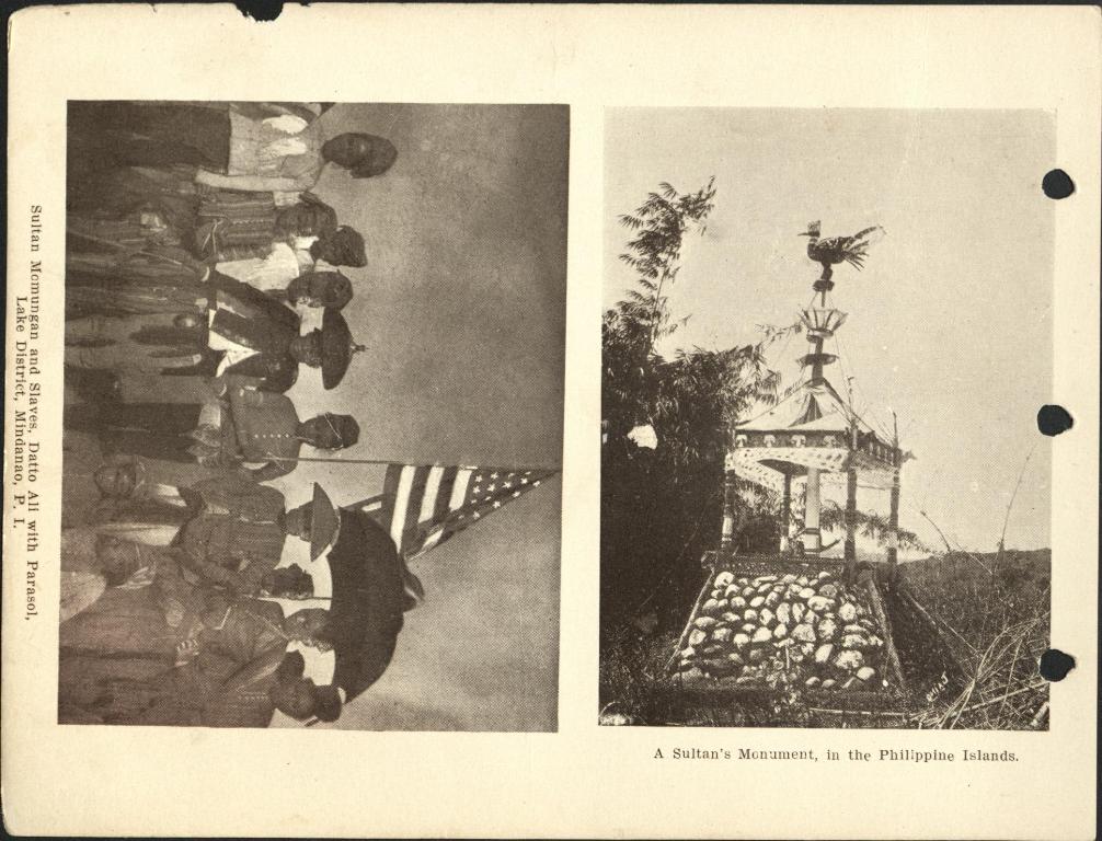 (Left) A sultan’s monument, in the Philippine Islands. (Right) Sultan Momungan and slaves, Datto Ali with parasol, Lake District, Mindanao, P. I.