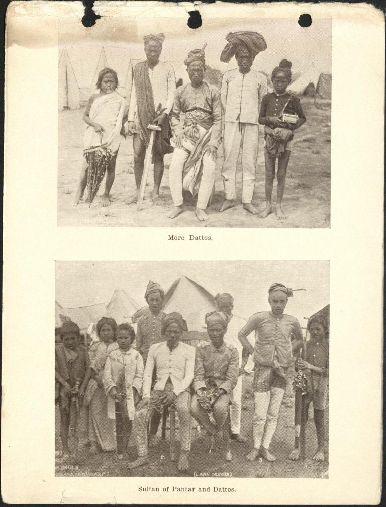 (Top) Moro dattos. (Bottom) Sultan of Pantar and dattos. Camp Vicars, Lake Lanao.